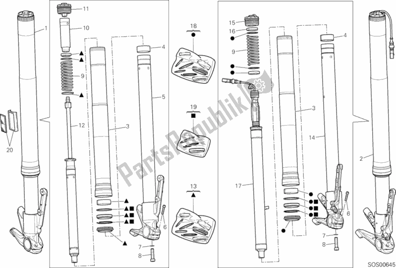 All parts for the Front Fork of the Ducati Multistrada 1260 S Touring USA 2020